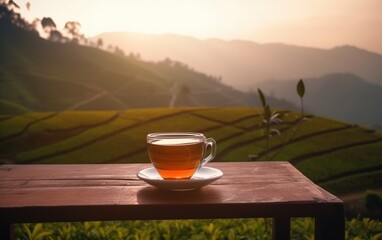 Wall Mural - cup of tea on the mountain.  Generative AI.