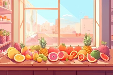 Wall Mural - bountiful fruit display on a table by a window. Generative AI