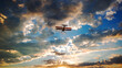Composite of a yellow biplane flying into a cloudy sunset sky