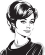 Vintage woman 60s style young woman. Retro comics woman head black and white ink drawing, American cartoon advertising illustration, vector, SVG