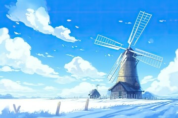 Poster - traditional windmill standing alone in a snowy landscape. Generative AI