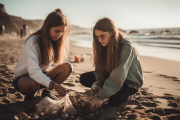 Two eco volunteers picking up plastic trash on the beach - Activist people collecting garbage protecting the planet - Ocean pollution, environmental conservation concept. Generative AI.