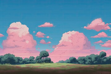 Sticker - serene landscape with trees and clouds. Generative AI