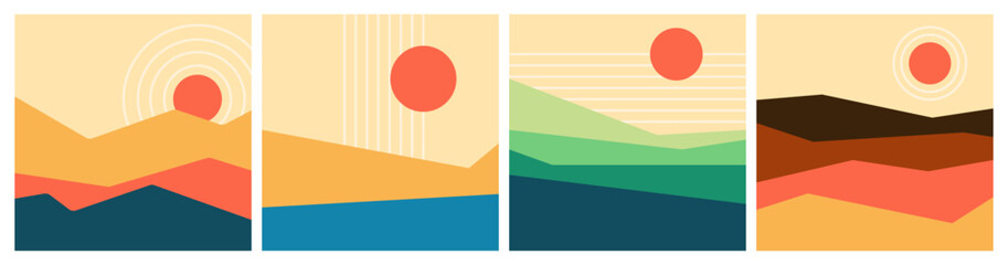 70s retro or vintage Vector illustration. Abstract contemporary aesthetic backgrounds. Flat landscape. Sun in the sky minimalist