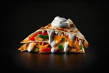 Wall Mural - On a black background, a Mexican quesadilla wrap with chicken, sweet peppers, sour cream, and salsa is heated. Generative AI