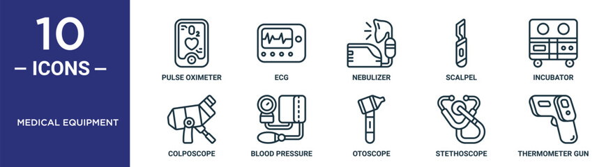 medical equipment outline icon set includes thin line pulse oximeter, nebulizer, incubator, blood pressure, stethoscope, thermometer gun, colposcope icons for report, presentation, diagram, web