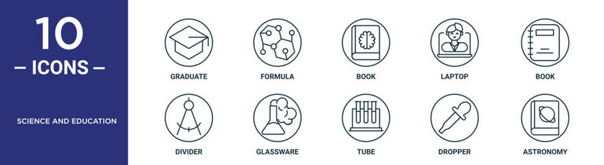 science and education outline icon set includes thin line graduate, book, book, glassware, dropper, astronomy, divider icons for report, presentation, diagram, web design