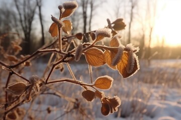 Poster - close up of a winter plant covered in frost. Generative AI