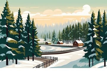 Wall Mural - winter wonderland with houses and trees covered in snow. Generative AI