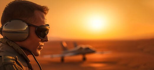 Fighter pilot and his fighter at the airport in standby mode. Fighter Pilot  at sunset with copy space, digital art ai