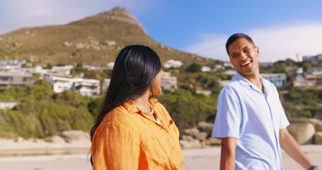 Sticker - Couple, love and holding hands at beach, walking and romance outdoor on holiday date. Trust, affection and back of happy man and woman together for commitment, bonding and summer sunrise by ocean.