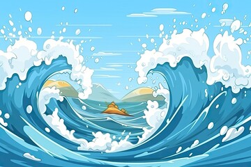 Sticker - small boat surfing a giant wave. Generative AI