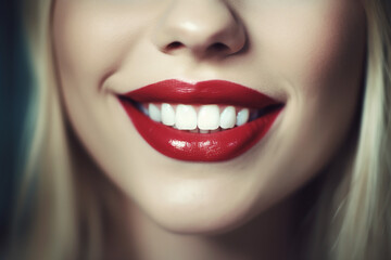 Closeup beautiful smile of a young blond woman with bright lipstick, white teeth, closeup, Generative AI