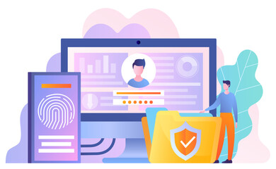 Wall Mural - data protection concept. man standing near folder. personal information security, account access, ve