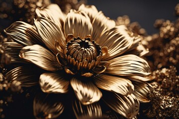 Wall Mural - Luxury golden flower decorative background. Beautiful precious metal floral art. 3D illustration. Generative AI
