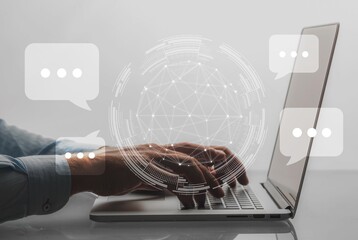 Artificial intelligence assistant. Person works on laptop