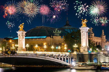 Wall Mural - Fireworks show near Pont Alexandre III at night in Paris, France.