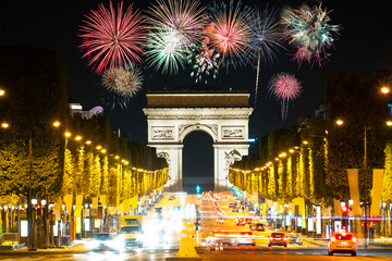 Canvas Print - Arc De Triomphe with fireworks during New Year celebration in Paris. France