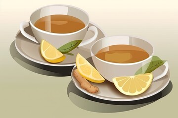 Canvas Print - two cups of tea with lemon slices on a saucer. Generative AI