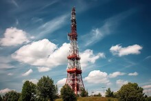 A Red And White Communications Tower With Many Antennas Is Seen Under A Blue Sky And Clouds. Generative AI