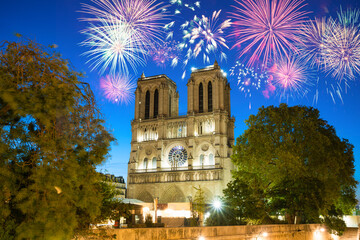 Poster - Fireworks display near Notre Dame cathedral in Paris. France