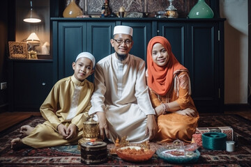 Happy Muslim family sitting on a couch with happy face celebrate eid fitri mubarak. Generative Ai