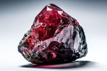 Ruby macro mineral stone in close-up on a white backdrop. Generative AI