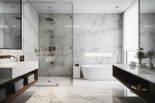 A Sophisticated Minimalist Bathroom With Custom Glass Shelves, Marble Floors, And Minimal Decor, Generative Ai