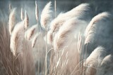 Fototapeta Boho - soft vegetation on an abstracted natural background Selloan cortaderia Pampas grass with a boho style background of dry reeds. wintertime fluffy long grass stems. Generative AI