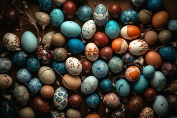 Wall Mural - Easter top view background ,Holiday background with painted eggs . Generative AI