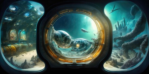 Wall Mural - futuristic interior of spaceship inside of hallway. superlative generative ai image.