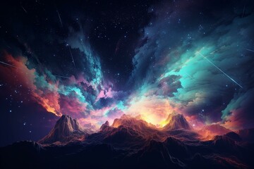 Wall Mural - Fantasy dreamy neon night sky with glowing clouds and stars, illustration imitating watercolor drawing created with Generative AI technology