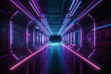 Wall Mural - Sci Fi Futuristic Alien Tunnel Ship Corridor Underground Laser Purple Blue Neon Light Lines On Grunge Reflective Concrete Empty Space Background 3D Rendering. Generative AI