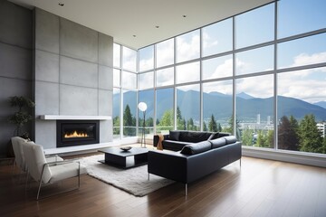 Wall Mural - spacious family room with a fireplace, floor to ceiling windows, and a view of the mountains. Generative AI