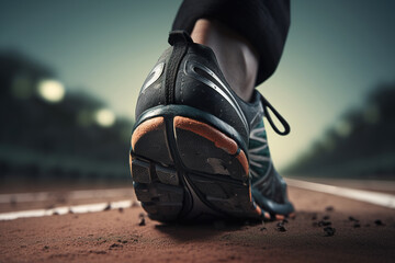 Low angle closeup to athlete feet wearing sports shoes, movement action, AI generative image