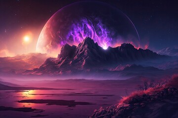 Wall Mural - Fantastic exoplanet, futuristic setting. Planet with atmosphere that looks like it is in space with stars. Purple toned alien planet. Generative AI