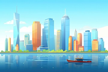 Wall Mural - boat sailing in a serene water body with a cityscape in the background. Generative AI