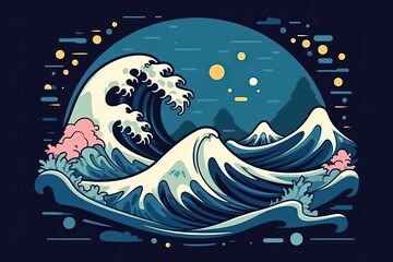 Sticker - powerful ocean wave crashing against rocks. Generative AI