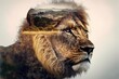 Modern design male lion with double exposure background of african jungle and savanna landscape as concept of the natural adventure and majestic wildlife animal. Superb Generative AI.