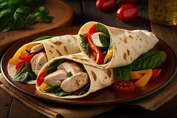 Wall Mural - On a platter, there are fresh tortilla wraps with chicken and vegetables. Generative AI