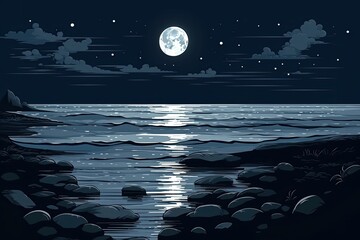 serene night scene with a full moon reflected on a calm body of water. generative ai