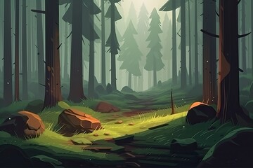 Sticker - serene forest landscape with towering trees and rocky terrain. Generative AI