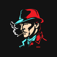 Vector Of A Man In A Hat Smoking A Cigar. Retro Style Vector Illustration Of Noir Man. Silhouette With Color Combination On The Design
