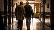 Elderly person using a walking aid with a relative, caregiver in a hospital hallway, AI generative photorealistic illustration