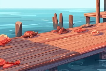 Poster - serene dock with rocks in the foreground. Generative AI