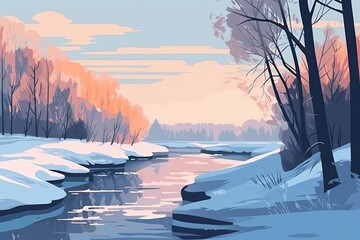 Sticker - serene winter landscape featuring a river flowing through snow-covered surroundings. Generative AI