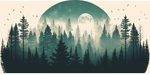 Wall Mural - Hipster vintage retro style misty landscape with fir forest. Generative AI