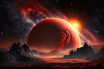 Wall Mural - Planetary red star. a terrestrial planet in red dwarf orbit. Landscape in space. Generative AI