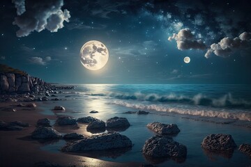 Wall Mural - Beautiful seascape vista with lots of stars. Attractive nighttime seascape with a dark sky, clouds, and full moon. background of calm nature. extreme contrast I used my own camera to Generative AI