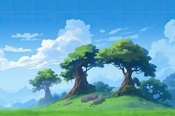 Wall Mural - two trees standing atop a hill, overlooking a scenic landscape. Generative AI